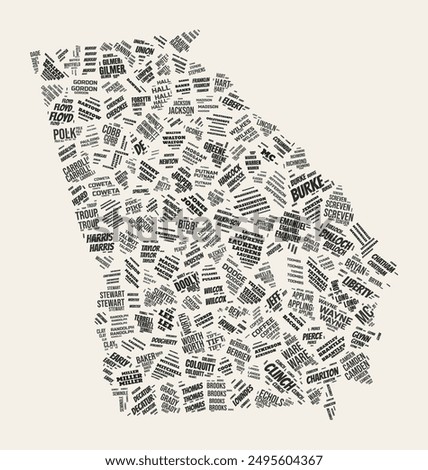 Georgia Word Cloud. State with counties division. Georgia typographic text clouds vector image design. Vintage gazette style state shape image. Stylish vector illustration.