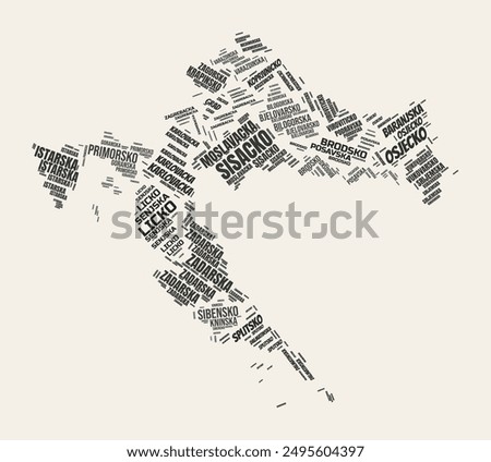 Croatia Word Cloud. Country with regions division. Croatia typographic text clouds vector image design. Vintage gazette style country shape image. Stylish vector illustration.