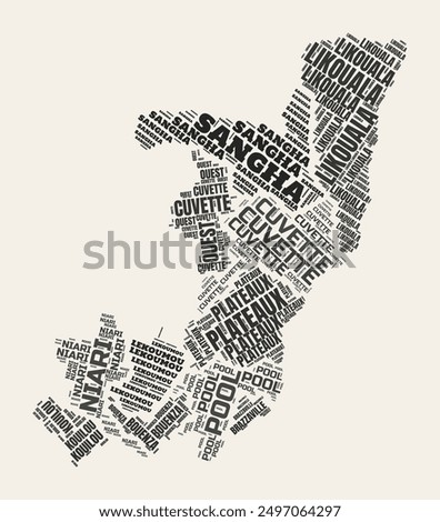 Republic of the Congo Word Cloud. Country with regions division. Republic of the Congo typographic text clouds vector image design. Vintage gazette style country shape image.