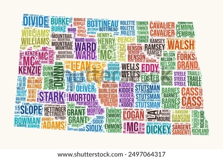 North Dakota counties word cloud. State logo design. Counties typography style vector image. North Dakota colored text cloud. Trending vector illustration.