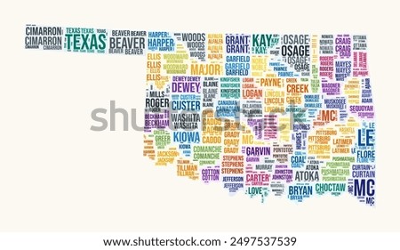 Oklahoma counties word cloud. State logo design. Counties typography style vector image. Oklahoma colored text cloud. Classy vector illustration.