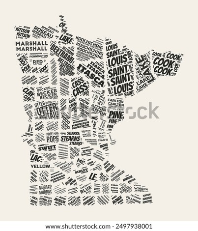 Minnesota Word Cloud. State with counties division. Minnesota typographic text clouds vector image design. Vintage gazette style state shape image. Classy vector illustration.