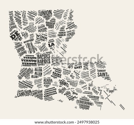 Louisiana Word Cloud. State with counties division. Louisiana typographic text clouds vector image design. Vintage gazette style state shape image. Amazing vector illustration.