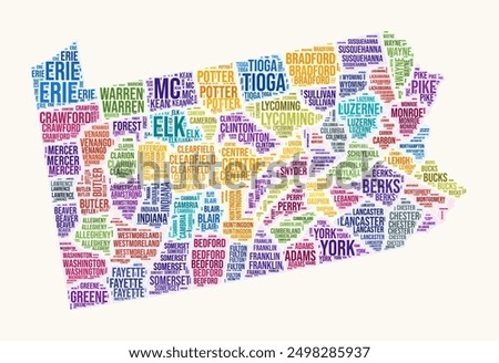 Pennsylvania counties word cloud. State logo design. Counties typography style vector image. Pennsylvania colored text cloud. Amazing vector illustration.