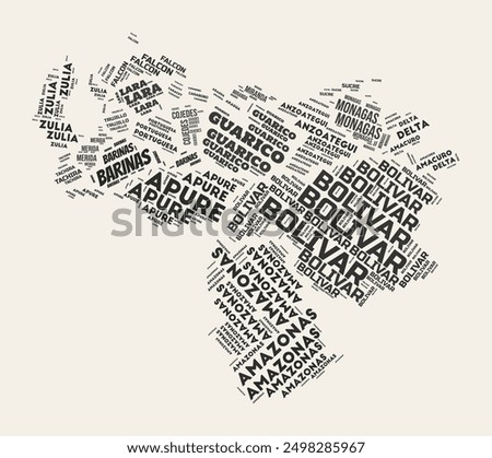 Venezuela Word Cloud. Country with regions division. Venezuela typographic text clouds vector image design. Vintage gazette style country shape image. Classy vector illustration.