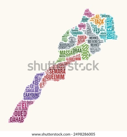 Morocco regions word cloud. Country logo design. Regions typography style vector image. Morocco colored text cloud. Artistic vector illustration.