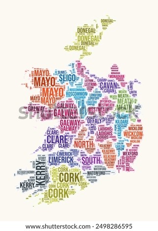 Ireland regions word cloud. Country logo design. Regions typography style vector image. Ireland colored text cloud. Stylish vector illustration.