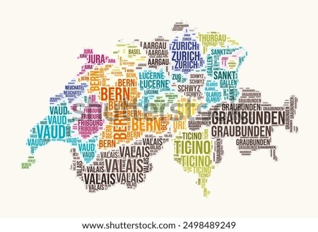 Switzerland regions word cloud. Country logo design. Regions typography style vector image. Switzerland colored text cloud. Vibrant vector illustration.