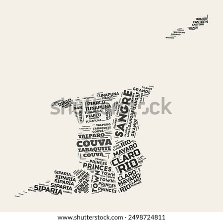 Trinidad and Tobago Word Cloud. Country with regions division. Trinidad and Tobago typographic text clouds vector image design. Vintage gazette style country shape image.