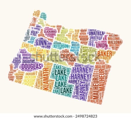 Oregon counties word cloud. State logo design. Counties typography style vector image. Oregon colored text cloud. Creative vector illustration.