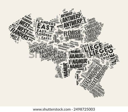 Belgium Word Cloud. Country with regions division. Belgium typographic text clouds vector image design. Vintage gazette style country shape image. Elegant vector illustration.