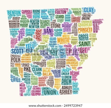 Arkansas counties word cloud. State logo design. Counties typography style vector image. Arkansas colored text cloud. Amazing vector illustration.