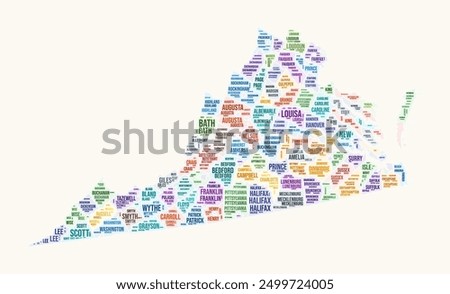 Virginia counties word cloud. State logo design. Counties typography style vector image. Virginia colored text cloud. Awesome vector illustration.