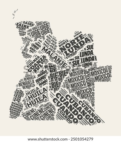 Angola Word Cloud. Country with regions division. Angola typographic text clouds vector image design. Vintage gazette style country shape image. Modern vector illustration.