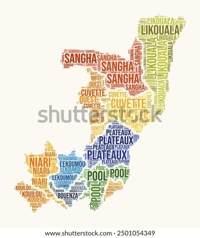 Republic of the Congo regions word cloud. Country logo design. Regions typography style vector image. Republic of the Congo colored text cloud. Creative vector illustration.