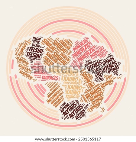 Lithuania Round Poster. Typography style image of Country. Regions word clouds of Lithuania. Vintage image design with scratch texture.