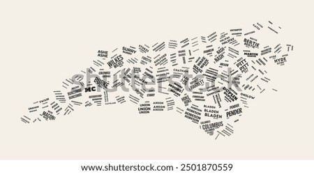 North Carolina Word Cloud. State with counties division. North Carolina typographic text clouds vector image design. Vintage gazette style state shape image. Vibrant vector illustration.