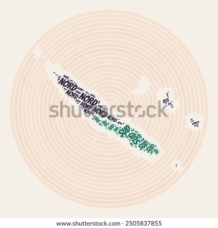 New Caledonia Round Poster. Typography style image of Country. Regions word clouds of New Caledonia. Vintage image design with scratch texture.