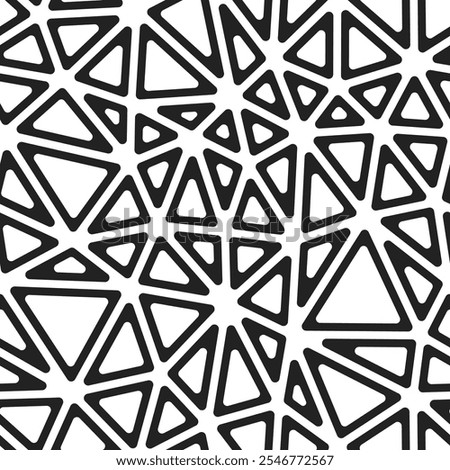 Geometric template background. Medium triangles size. Black and white style. Rounded triangular cells outlined. Repeatable pattern. Monochrome Contrast. Modern vector tiles.