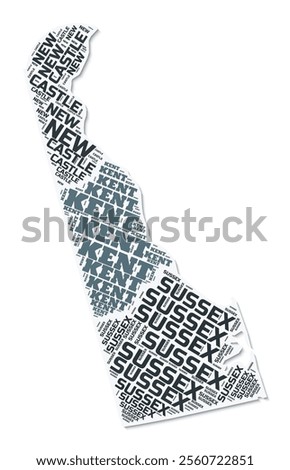 Delaware shape text cloud. State border with shadow on white background. Delaware with counties division in vintage gazette style. Creative vector illustration.