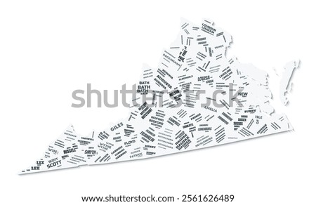 Virginia shape text cloud. State border with shadow on white background. Virginia with counties division in vintage gazette style. Elegant vector illustration.