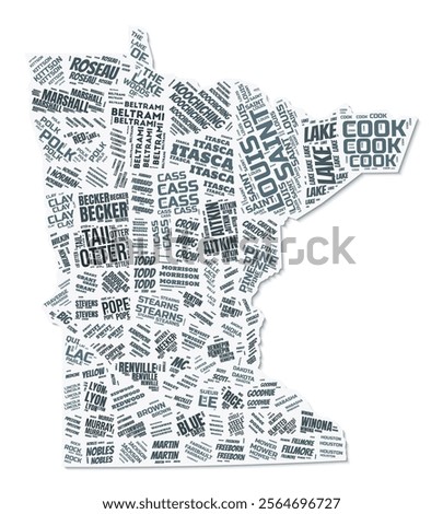 Minnesota shape text cloud. State border with shadow on white background. Minnesota with counties division in vintage gazette style. Trending vector illustration.