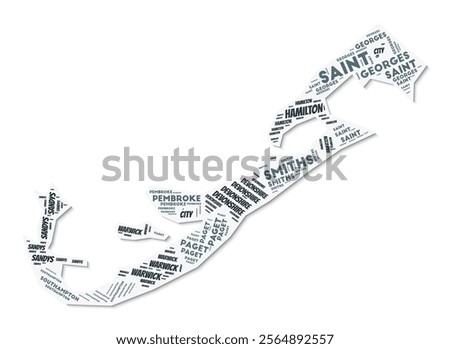 Bermuda shape text cloud. Country border with shadow on white background. Bermuda with regions division in vintage gazette style. Stylish vector illustration.