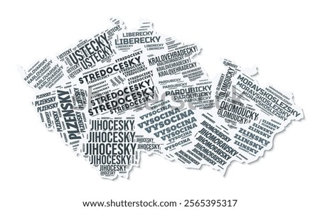 Czechia shape text cloud. Country border with shadow on white background. Czechia with regions division in vintage gazette style. Amazing vector illustration.