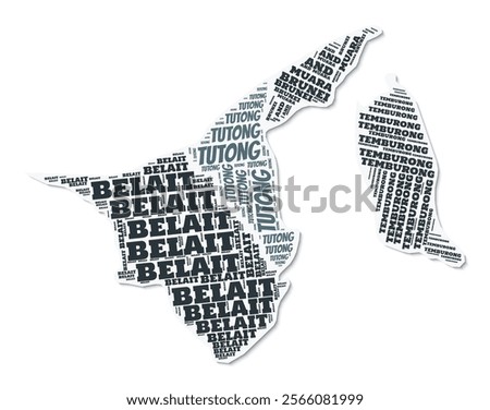 Brunei shape text cloud. Country border with shadow on white background. Brunei with regions division in vintage gazette style. Trending vector illustration.