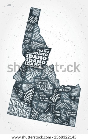 Idaho counties word clouds. State shape on textured background. Idaho design in typographic style. Vibrant vector illustration.