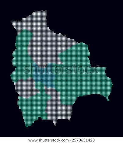 Bolivia dotted map. Digital style map of the country on dark background. Bolivia shape with square dots. Colored dots style. Small size squares. Amazing vector illustration.