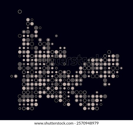 French Southern and Antarctic Lands, shape of the country build of colored cells. Digital style map of the French Southern and Antarctic Lands on dark background. Large size circle blocks.