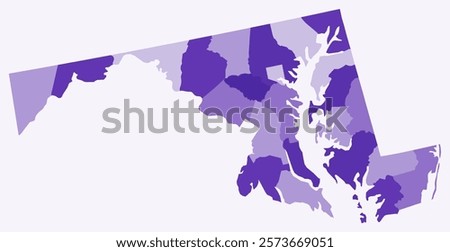 Map of Maryland with counties. Just a simple state border map with county division. Deep purple color palette. Plain State of Maryland shape with administrative division. Vector illustration.