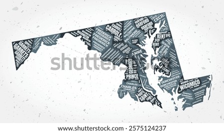 Maryland counties word clouds. State shape on textured background. Maryland design in typographic style. Creative vector illustration.