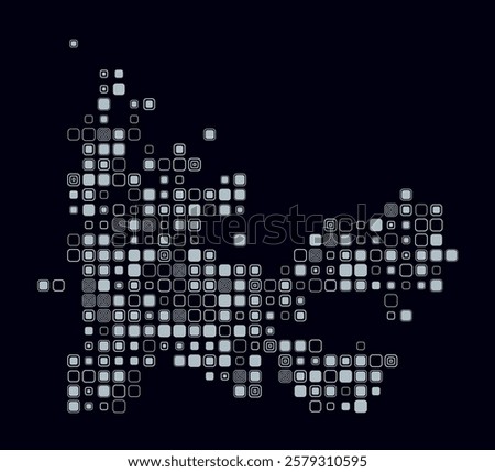 French Southern and Antarctic Lands, shape of the country build of colored cells. Digital style map of the French Southern and Antarctic Lands on dark background. Large size rounded square blocks.