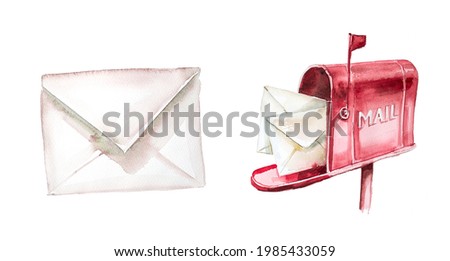 Watercolor hand painted mailboxes with envelopes clipart set isolated on a white background.Romance concept.Office message illustration.Communication theme design.