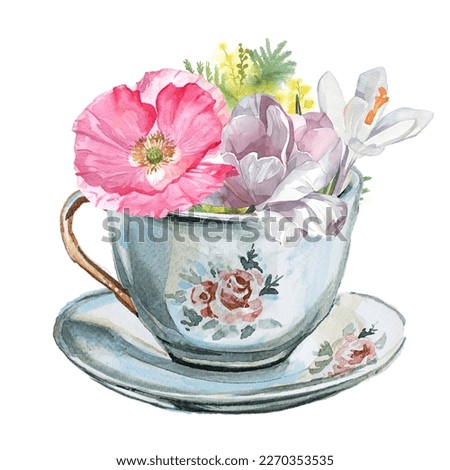 Beautiful watercolor hand painted tea cup with flowers isolated on a white background. Garden roses spring bouquet in a mug illustration for print, poster,card,invitation,branding.