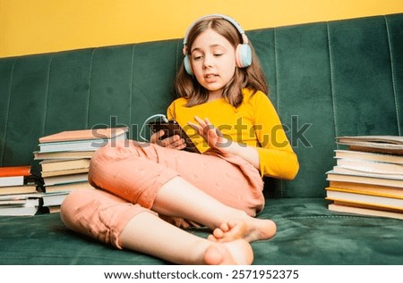Similar – Image, Stock Photo Little Caucasian Girl Using Laptop on Bed