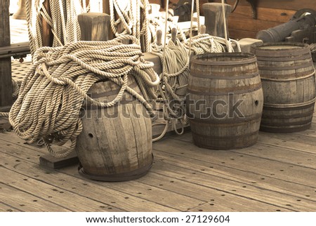 Barrels on the deck of pirates ship
