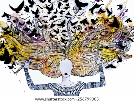Still Waters Run Deep Girl with Birds Watercolor Graphical Illustration