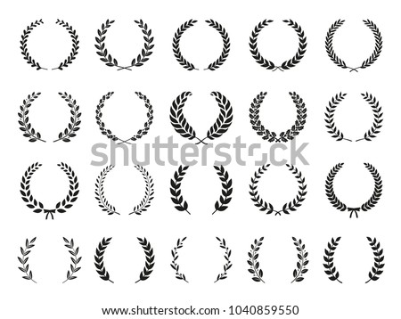 Collection of different black and white silhouette circular laurel foliate, olive,  wheat and oak wreaths depicting an award, achievement, heraldry, nobility. Vector illustration.