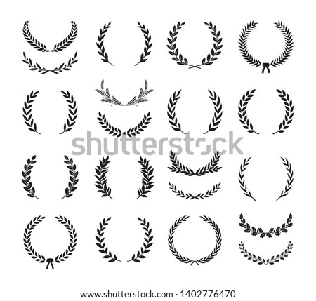 Collection of different black and white silhouette circular laurel foliate, wheat and oak wreaths depicting an award, achievement, heraldry, nobility. Vector illustration.