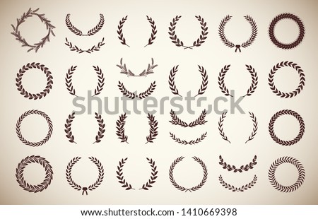 Collection of different vintage silhouette circular laurel foliate, olive and wheaten wreaths depicting an award, achievement, heraldry, nobility. Vector illustration.