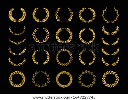 Set of different golden silhouette laurel foliate, wheat and olive wreaths depicting an award, achievement, heraldry, nobility, emblem, logo. Vector illustration.