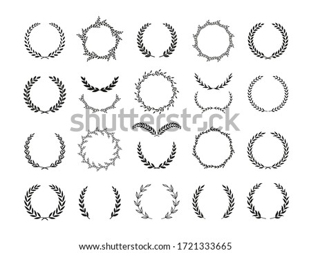 Set of different black and white silhouette circular laurel foliate and olive wreaths depicting an award, achievement, heraldry, nobility, emblem, logo. Vector illustration.