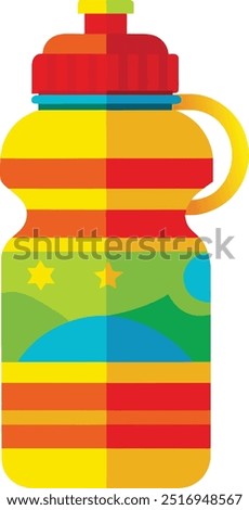 Vibrant kids' water bottle illustration. Multicolored sports bottle with playful design featuring stripes, stars, and bold hues. Cheerful vector graphic ideal for children's products, school supplies,