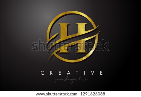 H Golden Letter Logo Design with Circle Swoosh and Gold Metal Texture. Creative Metal Gold H Letter Design Vector Illustration.