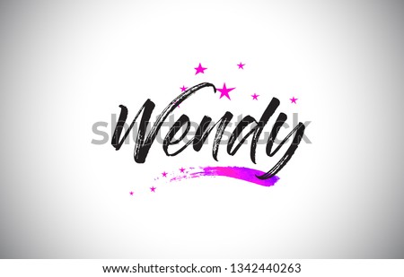 Wendy Handwritten Word Font with Vibrant Violet Purple Stars and Confetti Illustration.