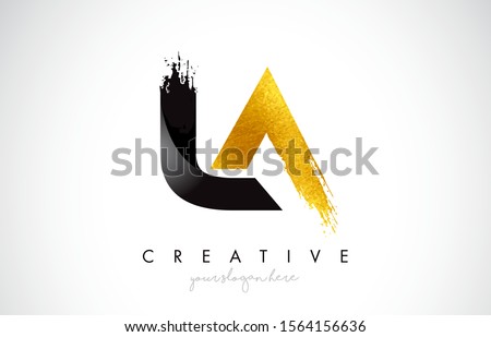 LA Letter Design with Black Golden Brush Stroke and Modern Look Vector Illustration.