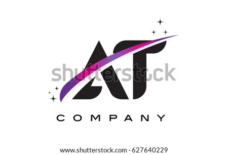 AT A T Black Letter Logo Design with Purple Magenta Swoosh and Stars.